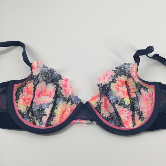 PINK Victoria's Secret Date Push Up Bra 32DD Navy Blue Neon Lace Floral Sexy - Picture 7 of 7
